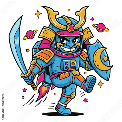 cute smiling samurai astronaut cartoon character illustration, vector, illustration