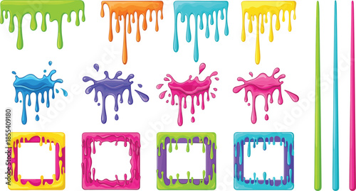 Colorful slime drips and liquid splashes set with vibrant melting borders and gooey paint frames for creative game design and artistic backgrounds.