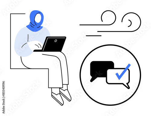 Woman using laptop, abstract lines indicating flow, highlighted chat bubbles with a checkmark. Ideal for communication, online learning, remote work, messaging, freelancing, productivity digital