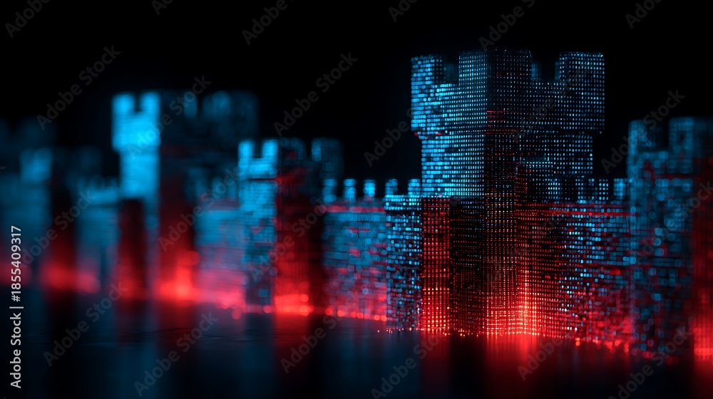 Fototapeta premium glowing digital firewall wall blocking cyber attack, cybersecurity protection concept