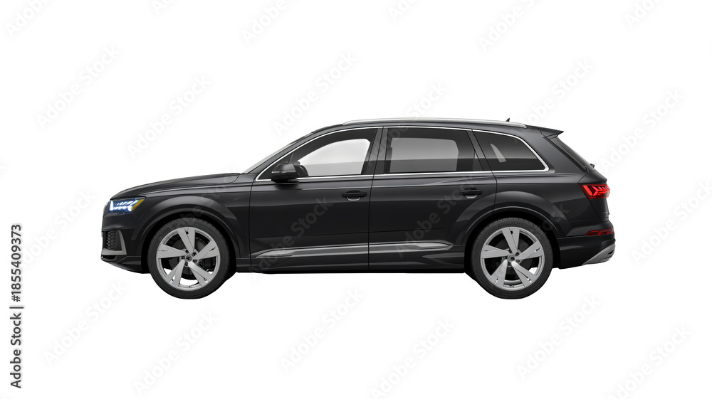 Fototapeta premium Black SUV in studio shot with silver wheels and tinted windows on white background for automotive advertising