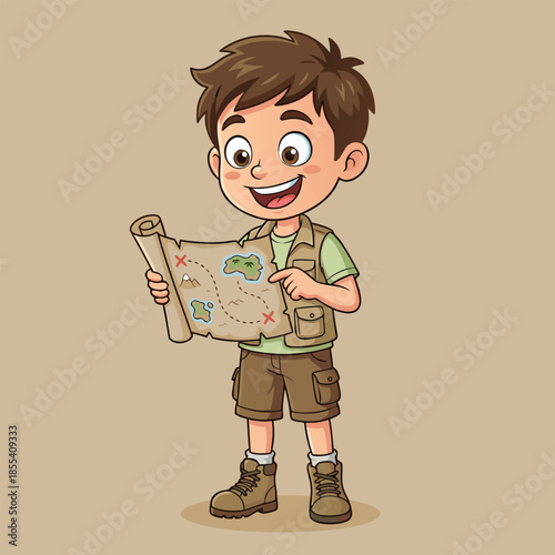 Young Explorer Boy Holding Treasure Map.
