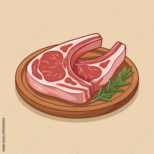 Raw Lamb Chops on a Wooden Plate with Rosemary.