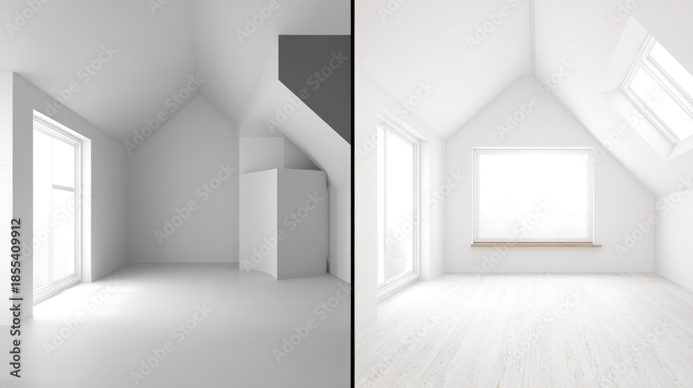 Fototapeta premium beforeafter. Minimalist interior corner with architectural details, showcasing modern transformation. real-estate listings.