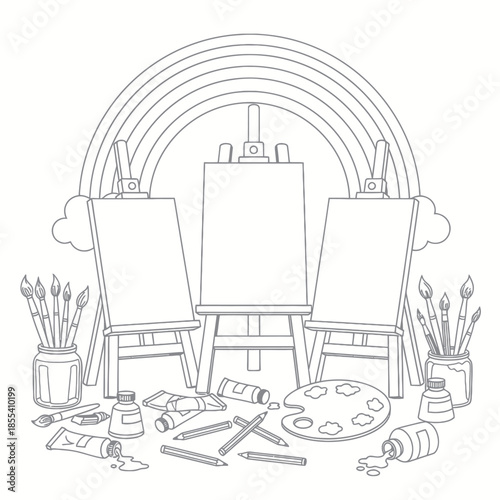 Art Studio Coloring Page with Easels Paints and Rainbow.