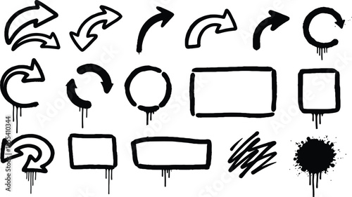 Hand drawn doodle arrow collection vector icon set with speech bubbles and shapes isolated on white background