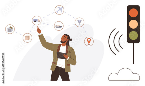 Man pointing at interconnected IoT nodes including home, transport, and wireless indicators near a traffic signal. Ideal for technology, connectivity, IoT, urban planning, data flow, smart cities