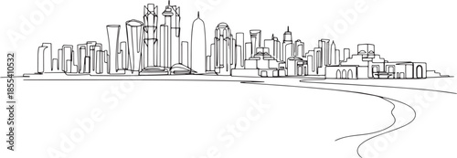 Minimal Doha city skyline in black single-line art, isolated.