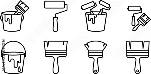 Set of eight painting tools vector icons including brushes rollers and buckets isolated on white background