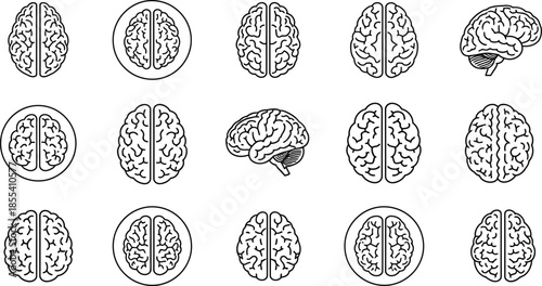 Set of 15 human brain outline vector icons representing intelligence and thought, isolated on white background