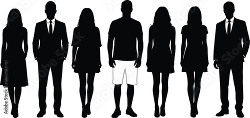 Group of people silhouette, formal and casual attire, individuality concept, black vector illustration, standing figures, fashion contrast, diversity, identity