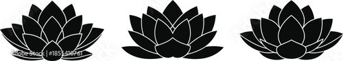 Three black lotus flower vector icons representing tranquility and spirituality isolated on white background