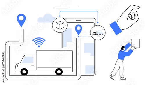 Logistics concept. Logistics map route tracking, GPS icons, package management, and delivery processes. Logistics enhancing efficient supply chain workflows. For transport, e-commerce, supply chain