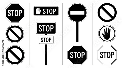 Collection of Various Stop and Do Not Enter Traffic Signs in Black and White
