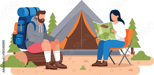 Couple Camping in Nature with Tent and Map Man and Woman Backpackers Relaxing in Forest Camp Flat Vector Illustration Set