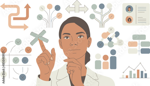 Thoughtful woman surrounded by various arrows and symbols representing strategic planning and decision making