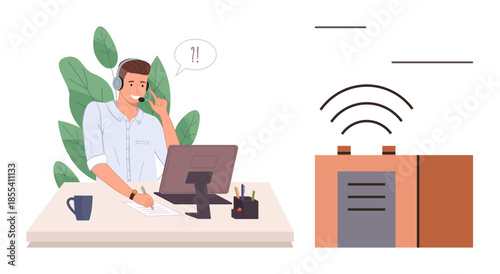 Man with a headset talking while seated at a desk with a computer, troubleshooting a device emitting wireless signals. Ideal for tech support, communication, IT, problem-solving, customer care