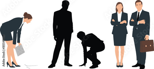 Professional business people in suits and silhouettes performing various office tasks and interactions