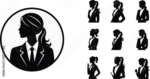 Silhouettes of professional businesswomen displaying various confident poses and expressions
