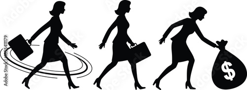Silhouettes of professional women carrying briefcases and moving towards financial success with a dollar bag