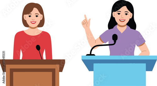 Two smiling women deliver engaging speeches at separate podiums, one in red, the other gesturing in purple