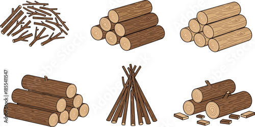 Firewood Logs and Timber Bundles Vector Illustration Set with Wooden Stacks Sticks and Kindling for Camping Fireplace or Industry Design