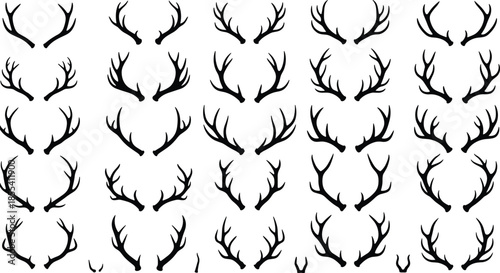 Antler silhouette collection, stylized horns, black vector icons, grid layout, wildlife design, cad drawing flat vector illustration, animal antlers, decorative shapes, branching patterns, outline set