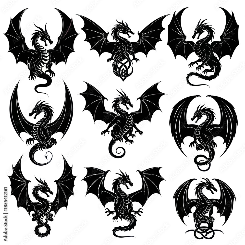 Obraz premium Collection of Dragon Silhouettes with Wings Spread in Various Poses.