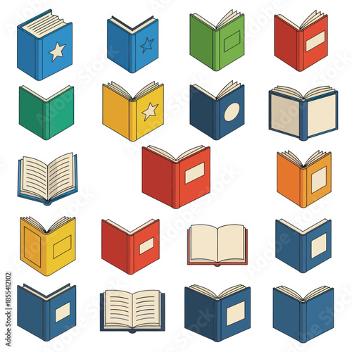 Collection of Colorful Isometric Book Illustrations for Education and Reading.