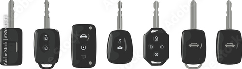 Car key set, remote control buttons, vehicle access, modern design, lock unlock icons, alarm feature, vector illustration, auto security