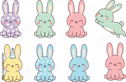 Cartoon bunny collection, cute rabbit poses, pastel colors, polka dots, party hat, sleeping bunny, CAD drawing flat vector illustration