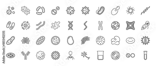Microbiology and biology line icon set. Vector pictograms of bacteria, virus, dna, cell, mitochondria, chromosome, neuron, and lab equipment, thin outline illustration.