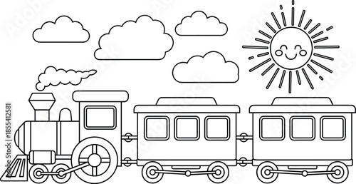 Cartoon train with smiling sun, black and white vector, outdoor scene, clouds, playful design, children’s coloring page, flat illustration