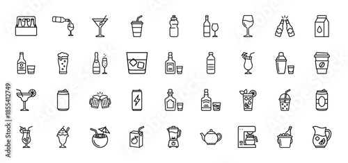 Beverage line icon set. Vector pictograms of beer, wine, coffee, cocktails, water, juice, soda, tea, and milk, thin outline illustration.