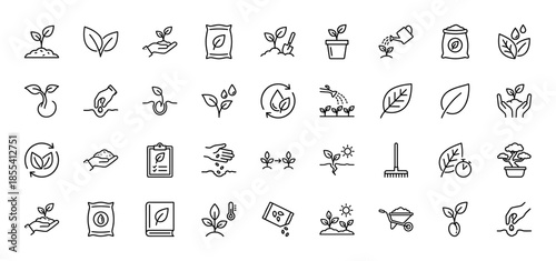 Gardening and agriculture line icon set. Vector pictograms of seedling, watering can, soil, fertilizer, seeds, sprout, rake, wheelbarrow, and leaf, thin outline illustration.