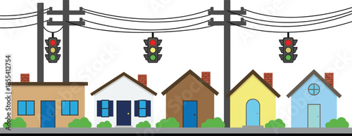 Colorful houses, urban street, traffic lights, power lines, residential architecture, cityscape illustration, modern homes, infrastructure art, neighborhood design, stylized buildings,