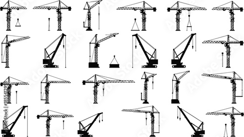 Construction crane silhouette collection set, tower and mobile lifting machinery, industrial building equipment icons, cad drawing flat vector illustration design