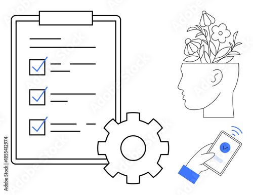 Checklist with checkmarks, blooming head symbolizing ideas, gear for workflow, and hand using a smartphone. Ideal for productivity, creativity, planning, growth, organization innovation efficiency