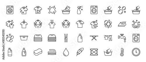 Laundry and garment care line icon set. Vector pictograms of washing machine, iron, detergent, hanger, clothes, bubbles, and folding, thin outline illustration.