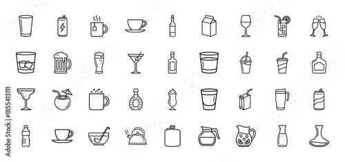 Beverage and drink icon set. Vector pictograms of a bottle, wine glass, coffee cup, beer mug, soda can, cocktail, teapot, and juice carton, thin line illustration.