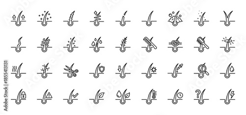 Hair care line icon set. Vector pictograms of follicle, dandruff, loss, growth, split ends, shampoo, comb, scissors, serum and treatment. Thin outline illustration.