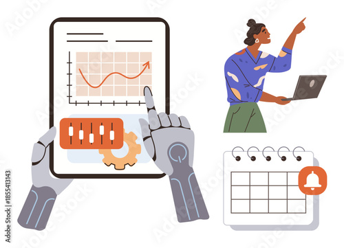 Robotic hands interacting with analytics graph on a tablet, individual pointing with a laptop, and a calendar alert. Ideal for technology, AI, planning, teamwork, data visualization, automation
