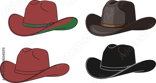 Cowboy hat vector set, western fashion, colorful headwear, black, red, brown hats, stylish accessories, flat illustration, cultural design