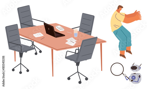 Office setup with a table, empty chairs, a laptop, scattered papers, robotic assistant, and a frustrated person. Ideal for themes thumbs up remote work, automation, workplace conflict