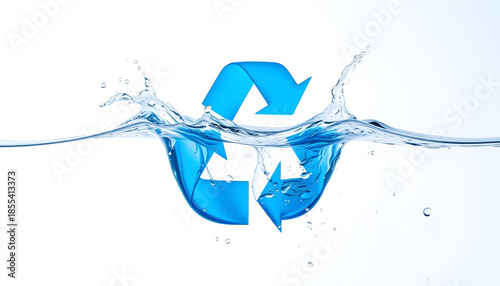 Blue Water Recycling Symbol Splashing in Clear Water Against a Light Background. High quality