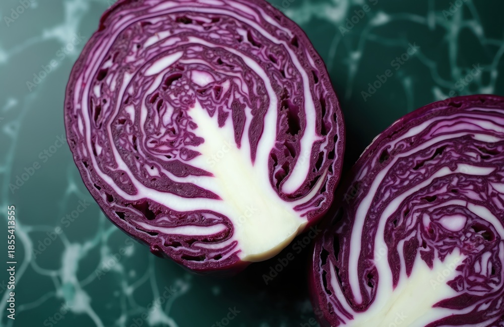 Obraz premium Two halves of red cabbage revealed with their intricate leafy layers. White core contrasts with deep purple leaf veins. Ideal for food blogs, health articles, and culinary art. Close up texture.
