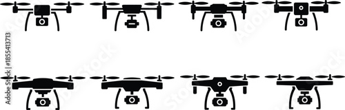 Drone silhouette collection set, quadcopter aerial camera devices, unmanned flying technology icons, modern photography equipment, cad drawing flat vector illustration