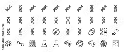 Genetics and biotechnology line icon set. Vector pictograms of dna helix, chromosome, brain, flask, test tubes, atom, cell, and laboratory equipment, thin outline illustration.
