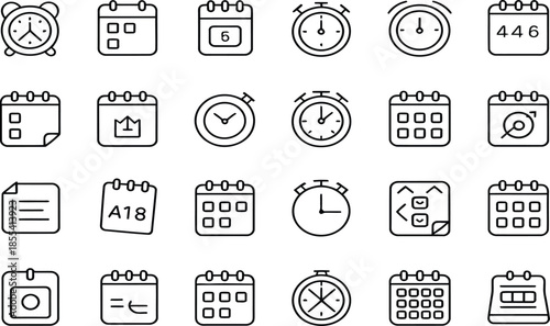 Collection of twenty assorted calendar and clock icons in line style
