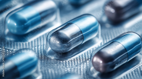 blue capsules in blister pack, pharmaceutical pills macro closeup, modern medical capsules
